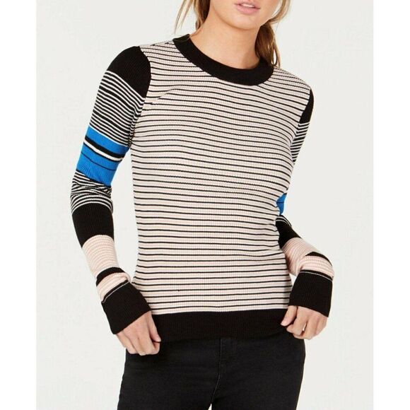 FRESHMAN Juniors' Multi-Striped Ribbed Pullover Sweater Peach Black XS NWT - Picture 2 of 6